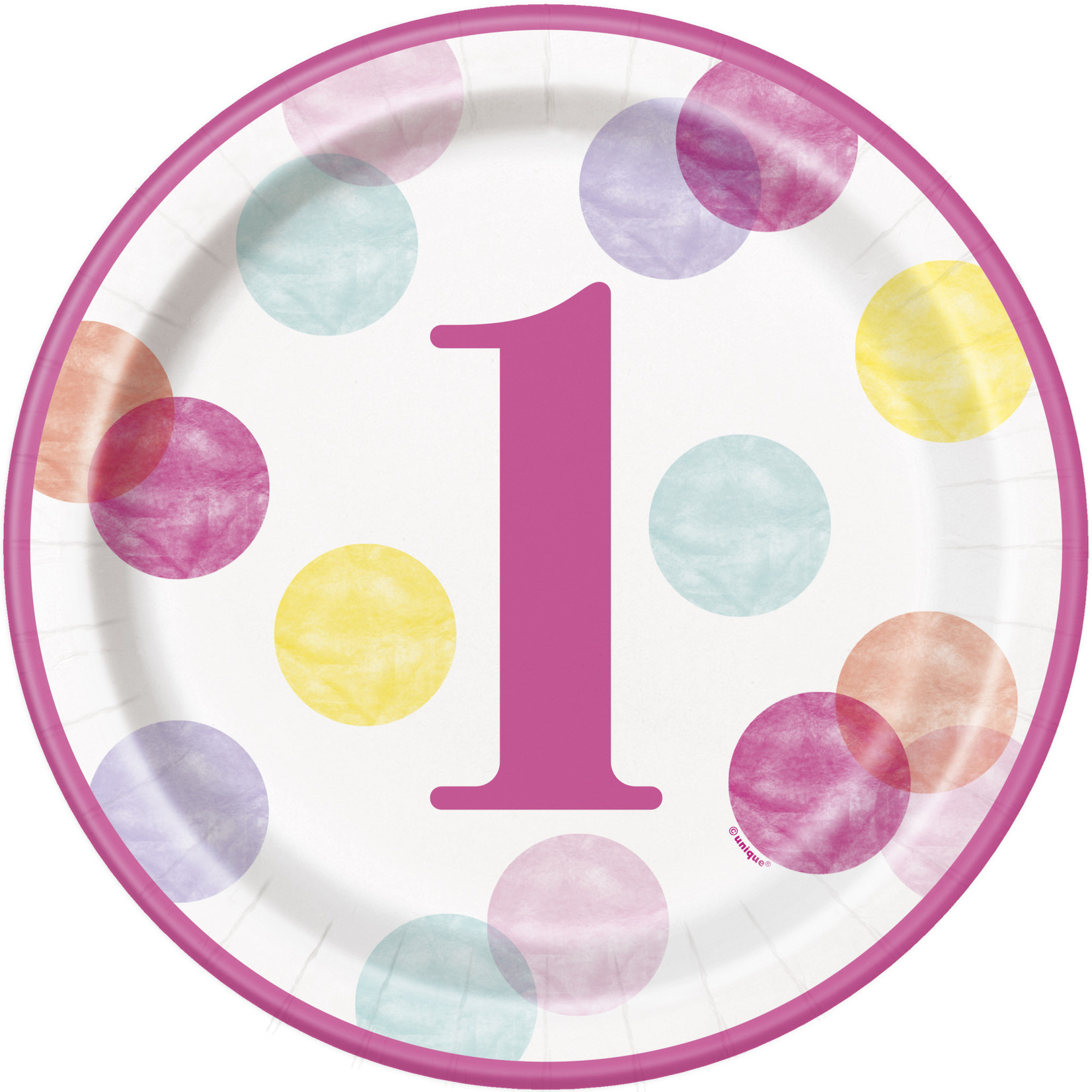 unique 9" Pink Dots 1st Birthday Plates - 8ct.