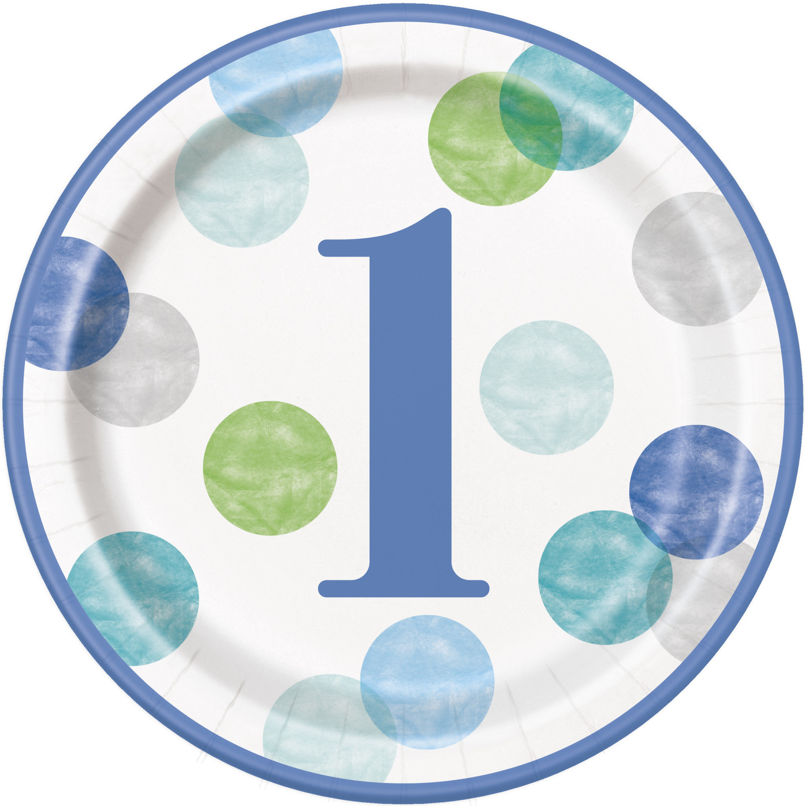 unique 9" Blue Dots 1st Birthday Plates - 8ct.