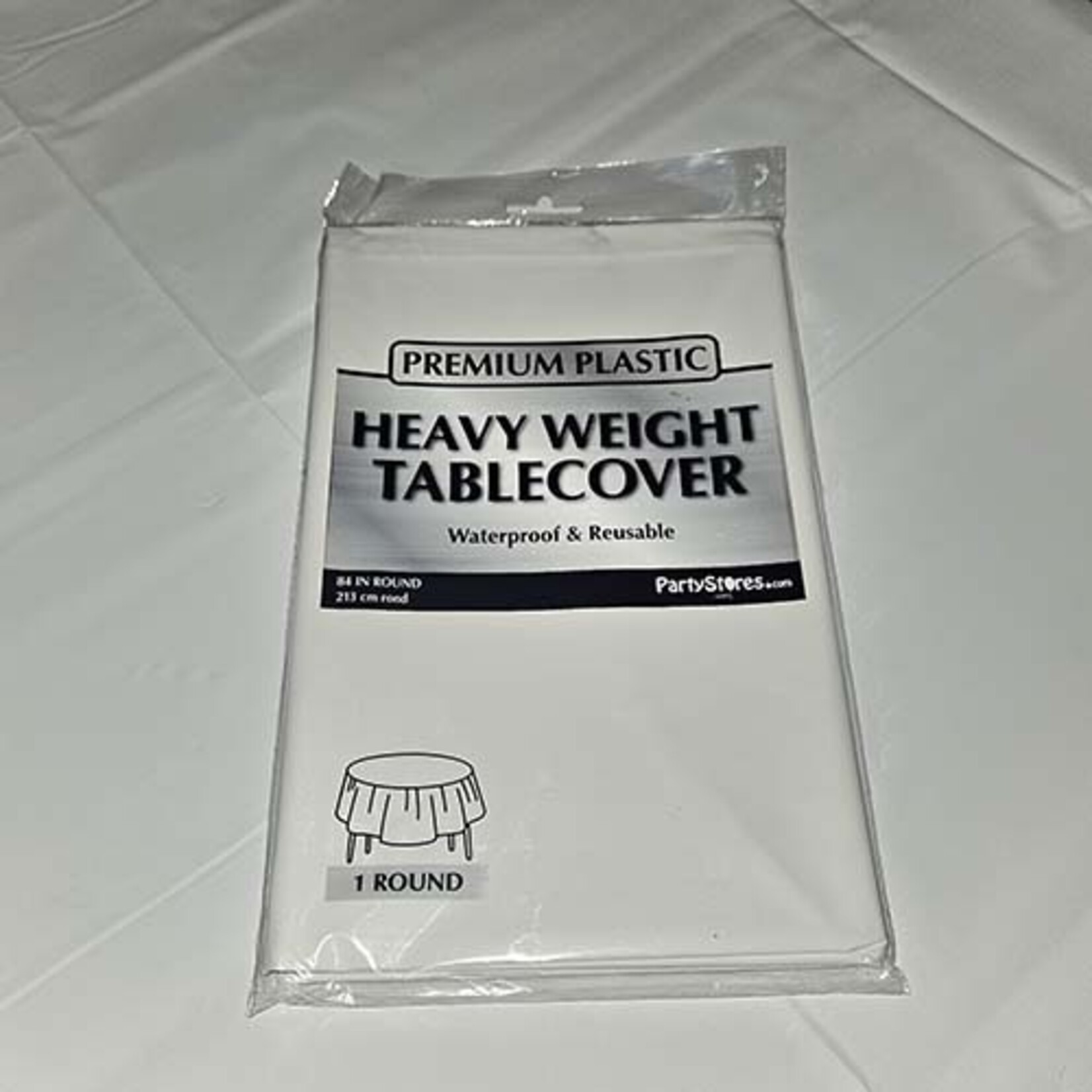 Paper  First Affiliates 84" White Heavy Duty Round Premium Table Cover - 1ct. (Waterproof & Reusable)