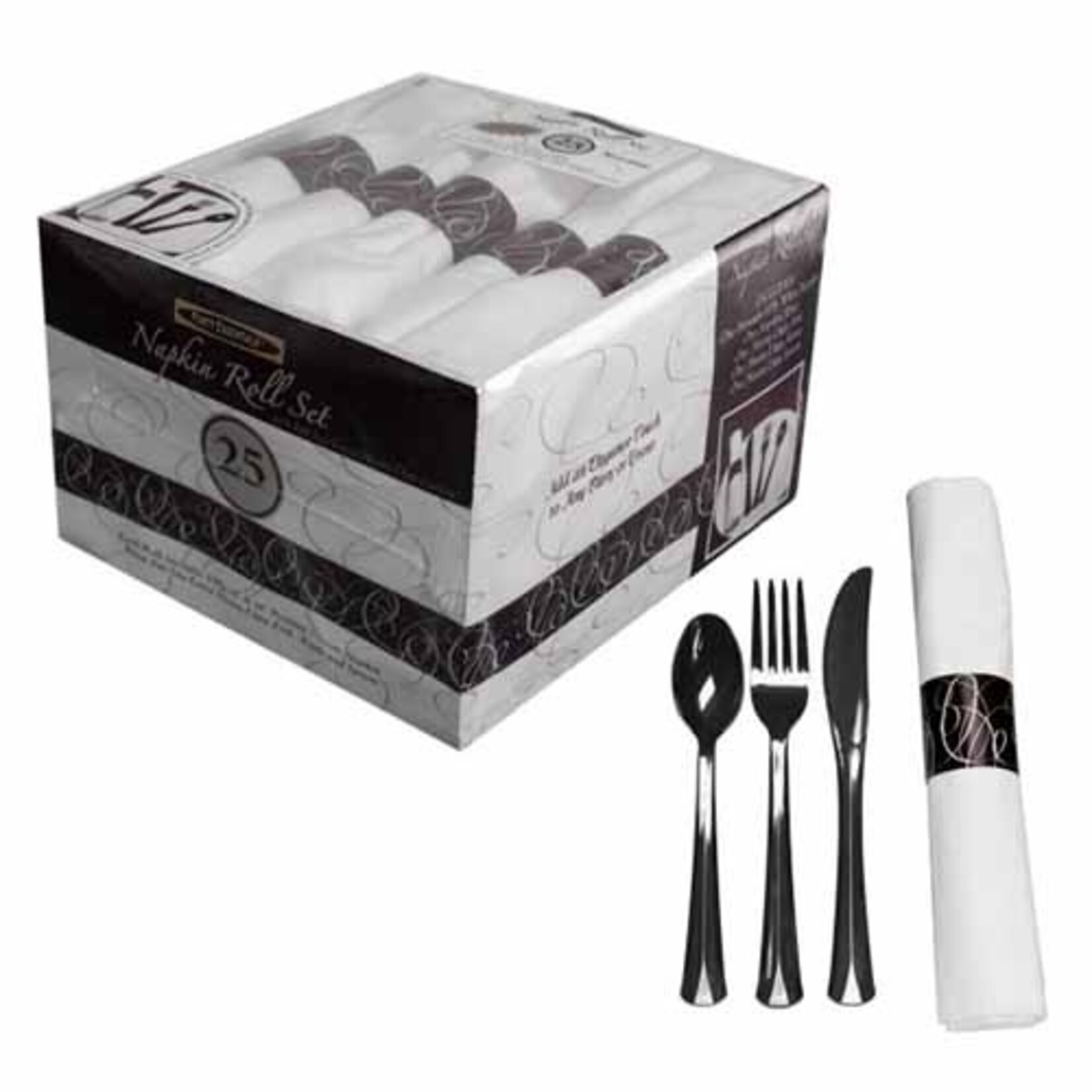 northwest Black Napkin Roll Set w/ Black Premium Cutlery - 25ct.