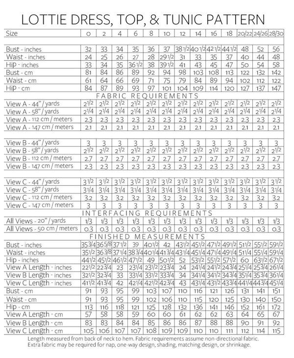 Dovestone Dress Size Chart and Fabric Requirements — IzzoSew Studio