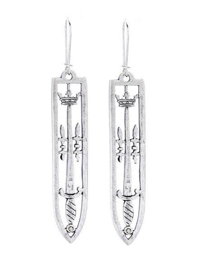 French Kande Sterling Silver Sword & Crown Earrings