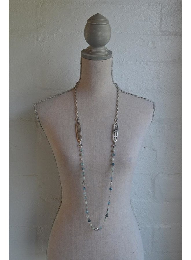 French Kande 45” Denim Mix, Sword & Crown, Swarovski Rivoli Necklace