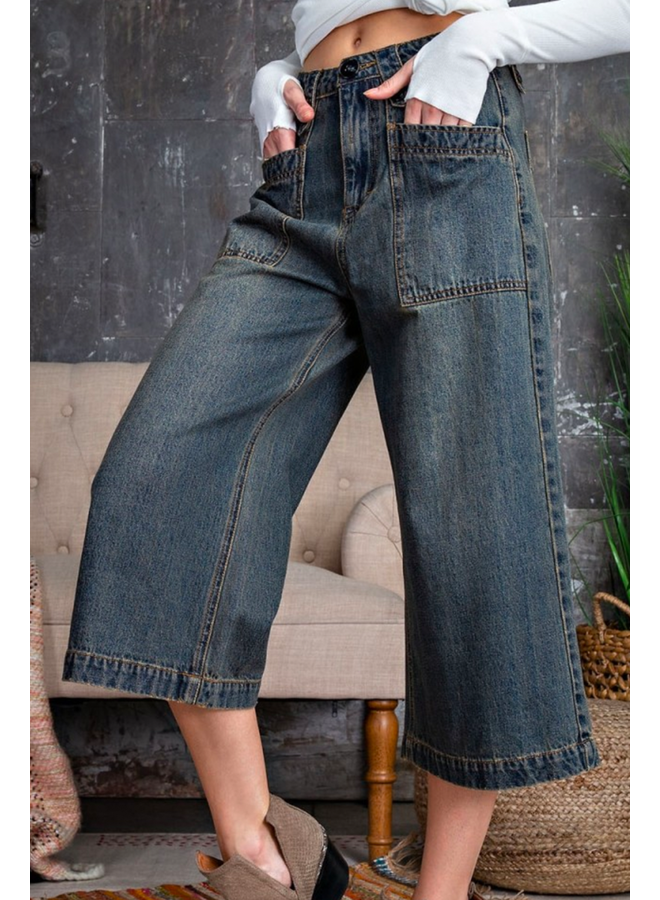 Washed Denim Cropped Wide Leg Pants