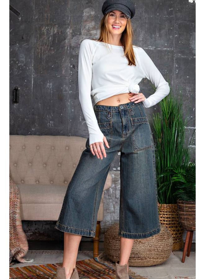 Washed Denim Cropped Wide Leg Pants