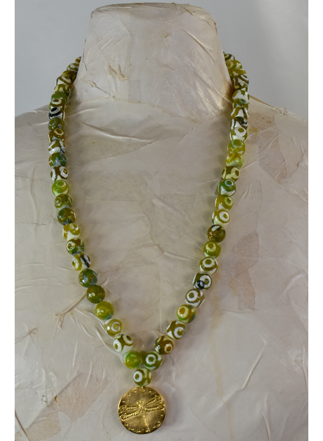 Betsy Gay Hart Necklace With Gold Dragon Fly/ White and Green Beads