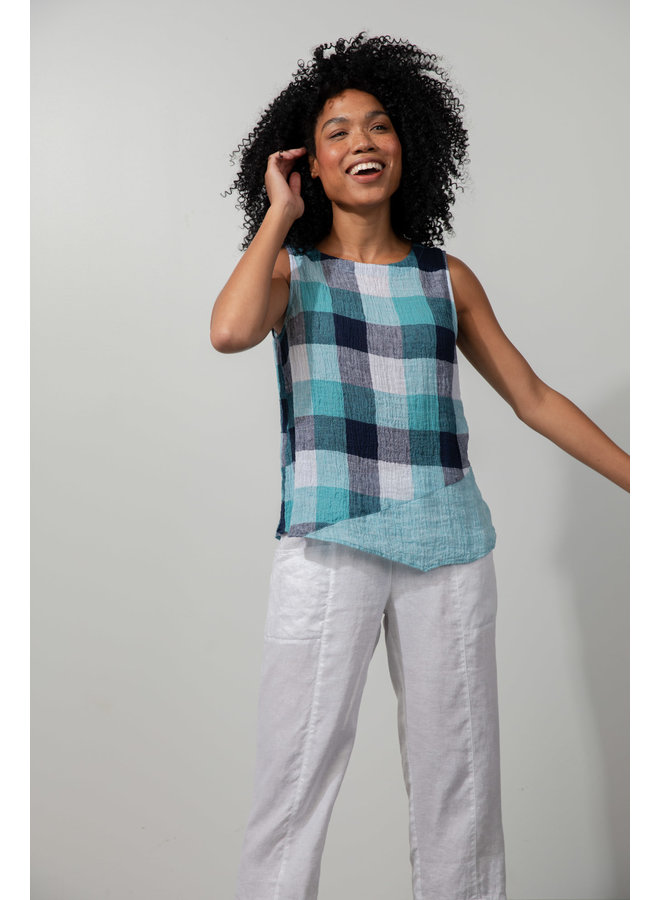 Liv Crinkled Linen Plaid Angel Tank