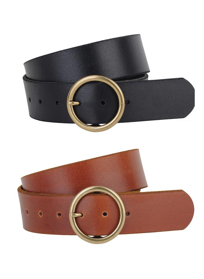 Wide Brass Toned Ring Leather Belt