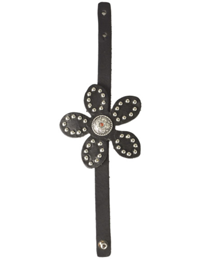 Streets Ahead Silver Studed Black Flower Leather Bracelet