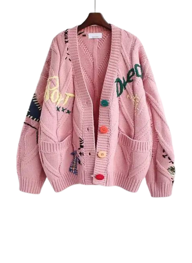 Oversize Patched Knit Cardigan In Pink