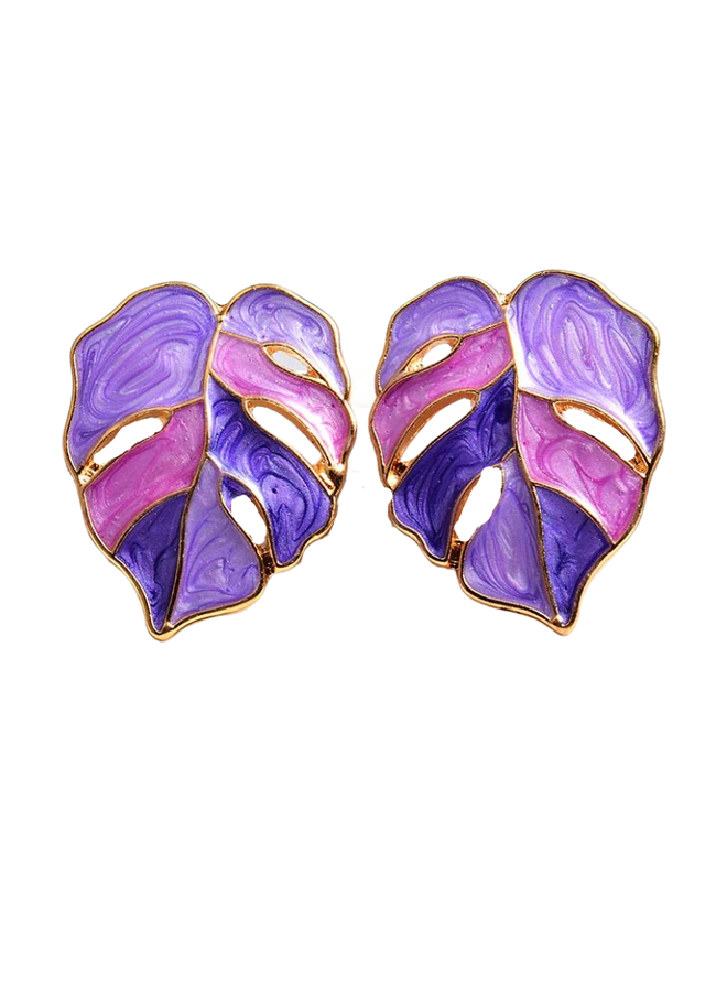 Enamel Leaf Earrings In Purple