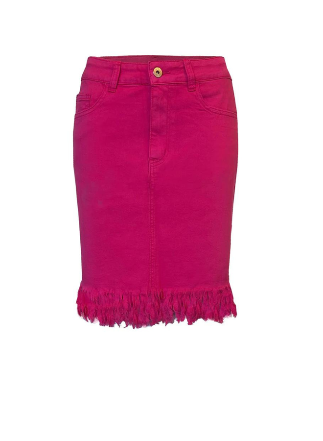 Fringed Denim Skirt In Fuschia