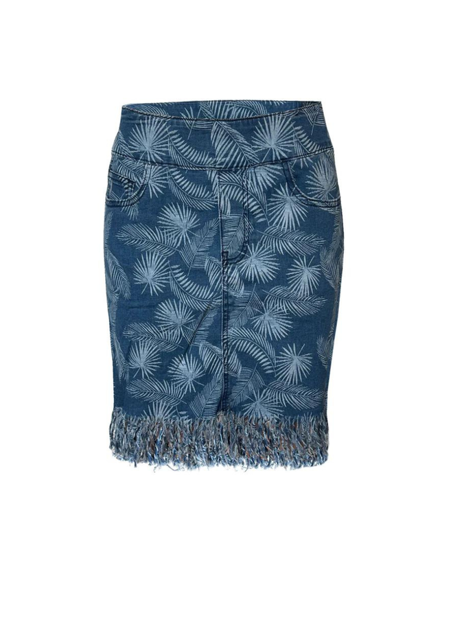 Pull On Fringe Denim Skirt In Palm Trees