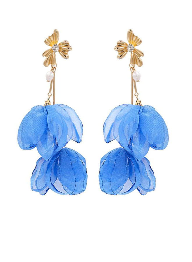 Blue Fabric Flower Statement Earrings