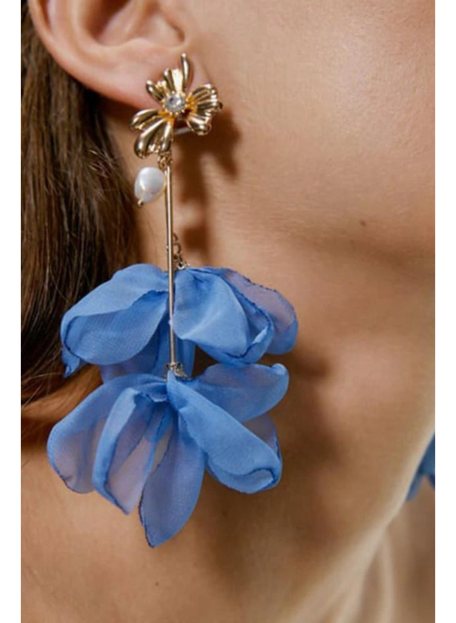 Blue Fabric Flower Statement Earrings