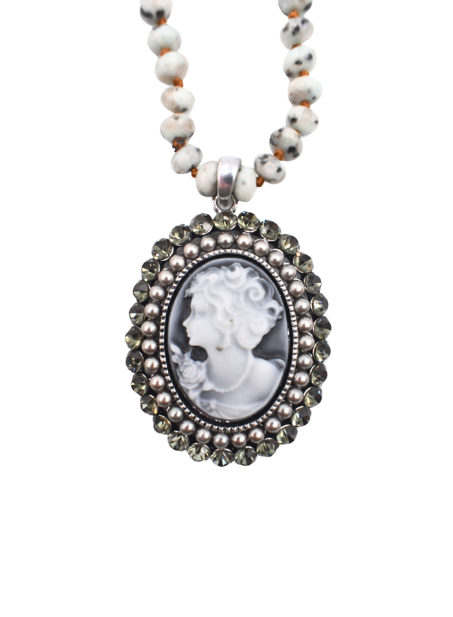 Grey Jeweled Cameo Necklace