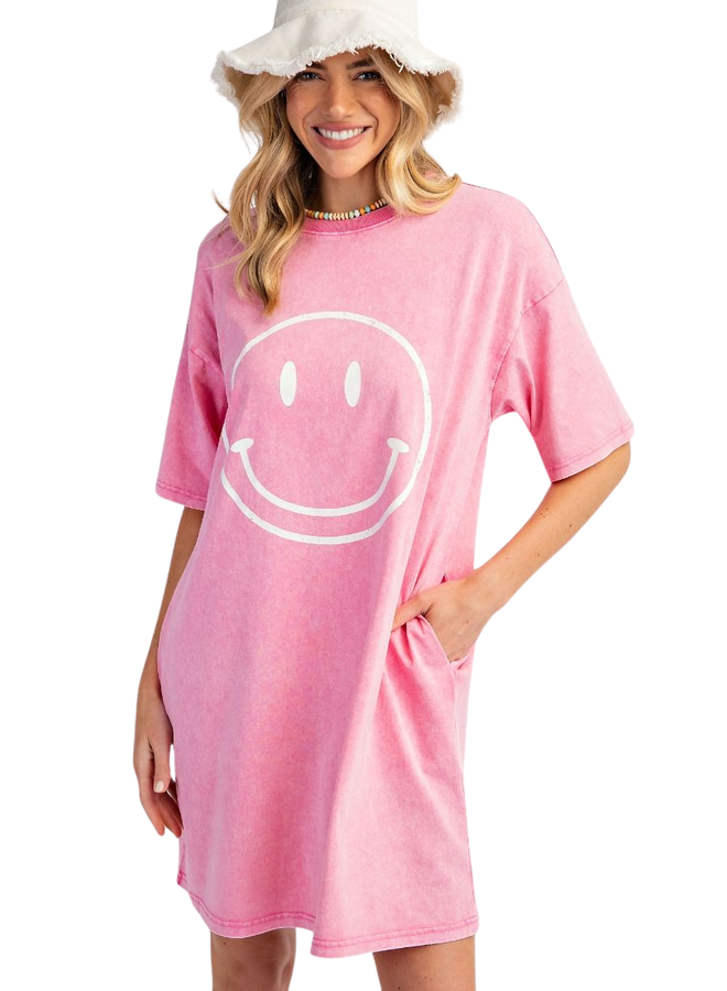 Happy Face Tee Dress In Barbie Pink