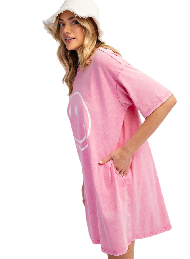 Happy Face Tee Dress In Barbie Pink