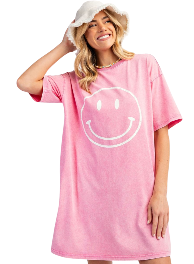 Happy Face Tee Dress In Barbie Pink