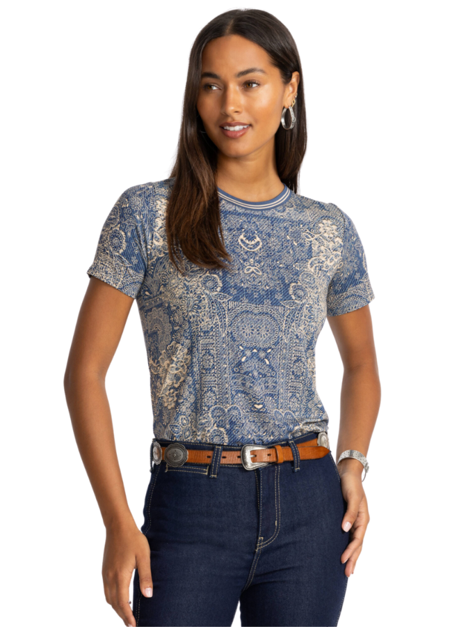 Johnny Was Janie Favorite Short Sleeve Crew Tee in Denim Print