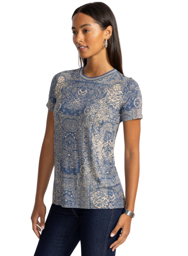 Johnny Was Janie Favorite Short Sleeve Crew Tee in Denim Print