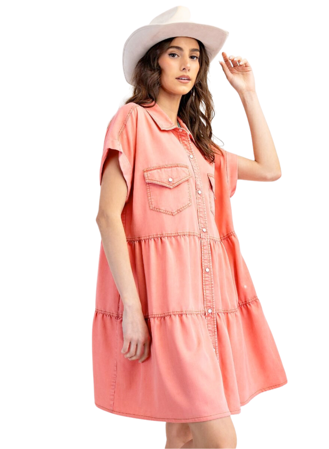 Washed Denim Dress in Coral