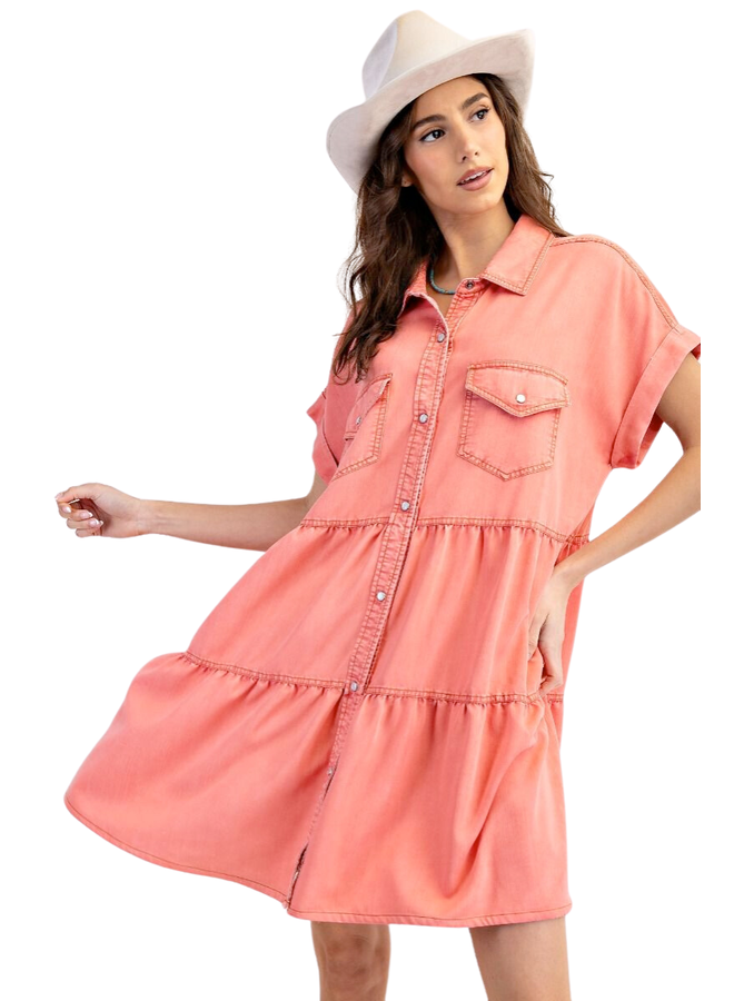 Washed Denim Dress in Coral
