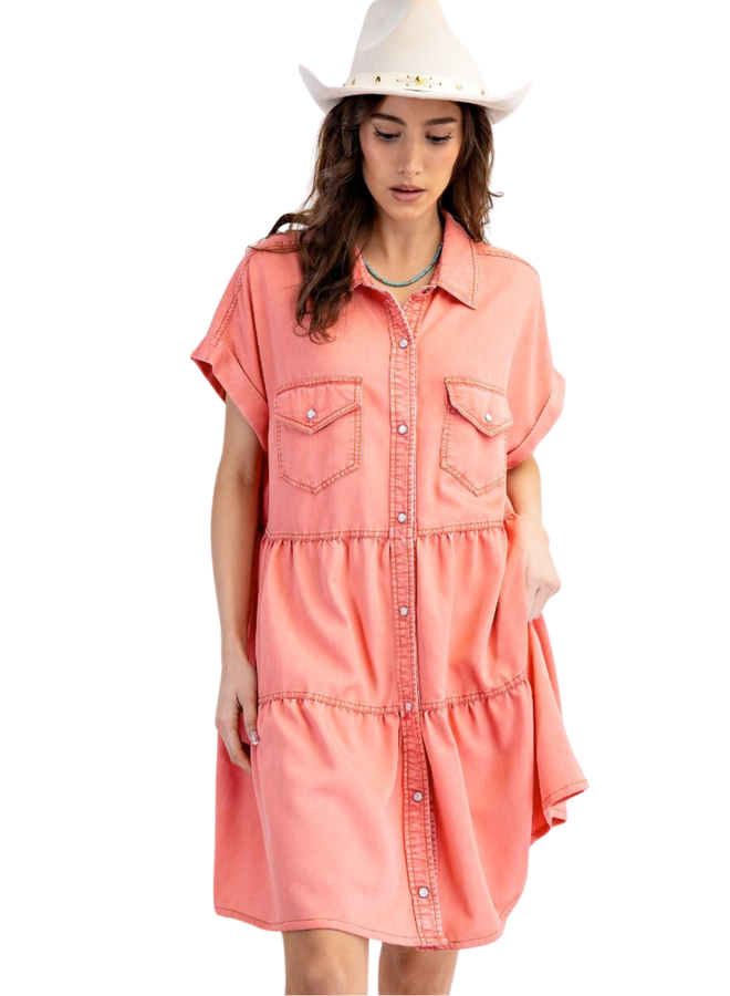 Washed Denim Dress in Coral
