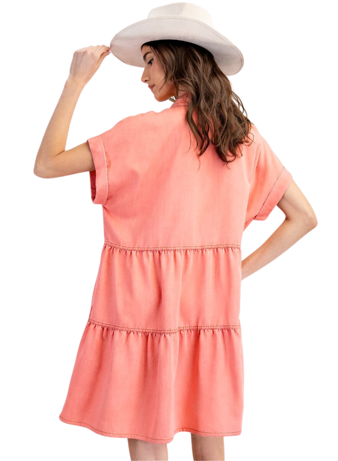 Washed Denim Dress in Coral