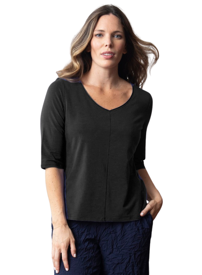 Olivia Elbow V-Neck Tee in Black