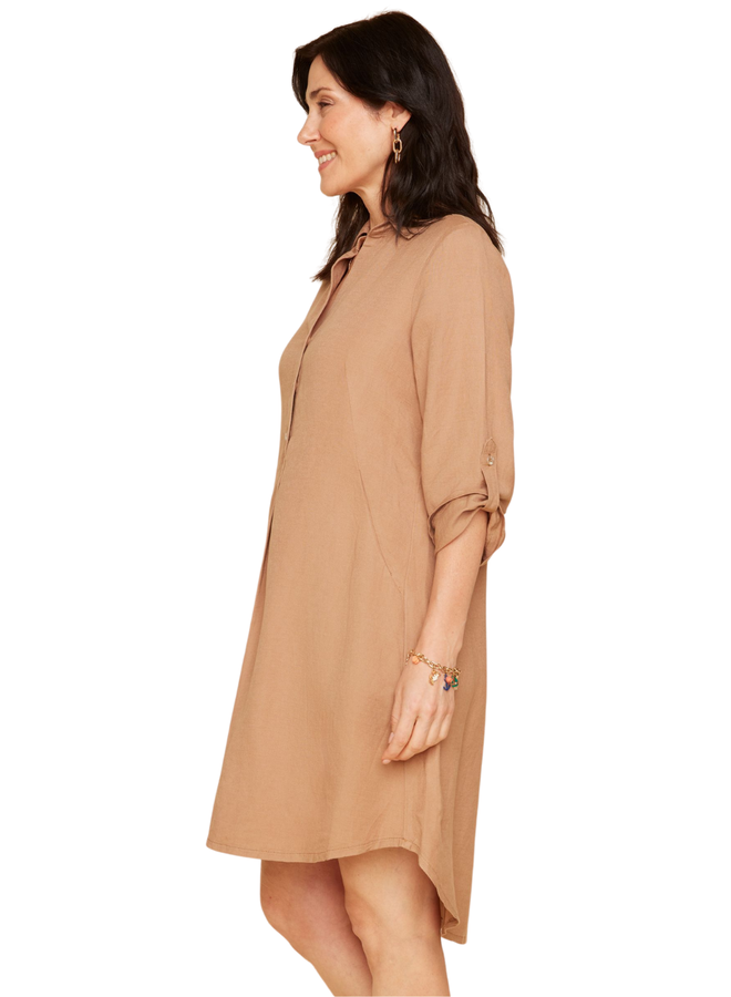 Renuar Linen Shirt Dress in Tan