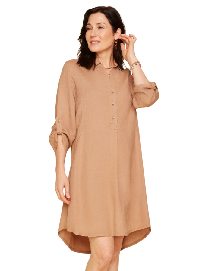 Renuar Linen Shirt Dress in Tan