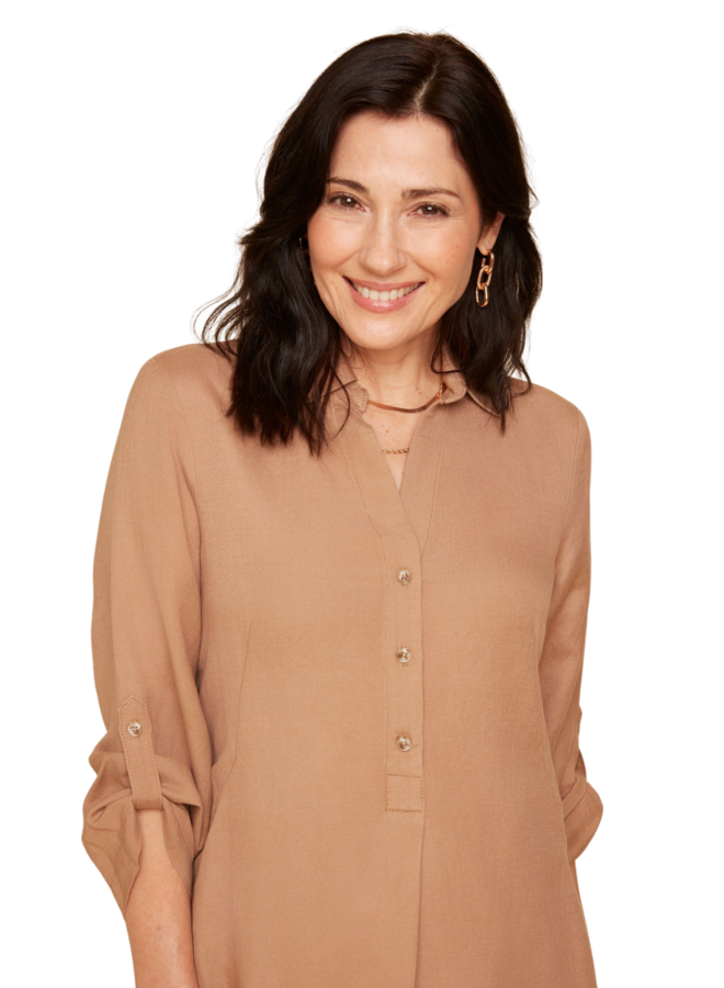 Renuar Linen Shirt Dress in Tan