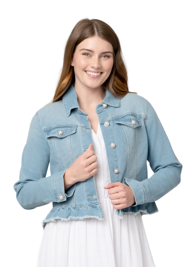 Denim Ruffle Pearl Jean Jacket