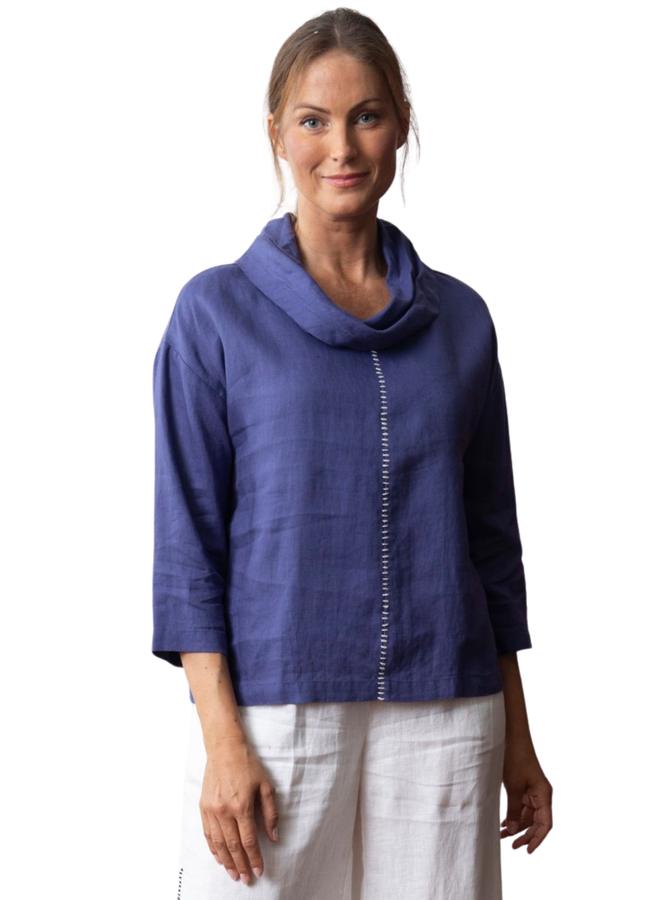 Olivia Linen Centered Stitched Cowl Top in Dusk