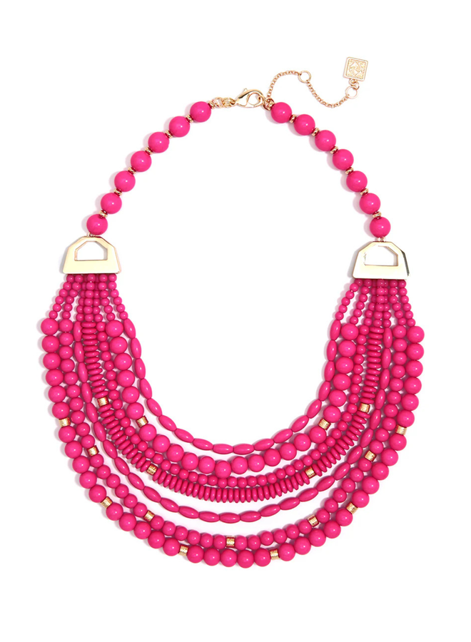 Mixed Beads Bib Necklace in Hot Pink