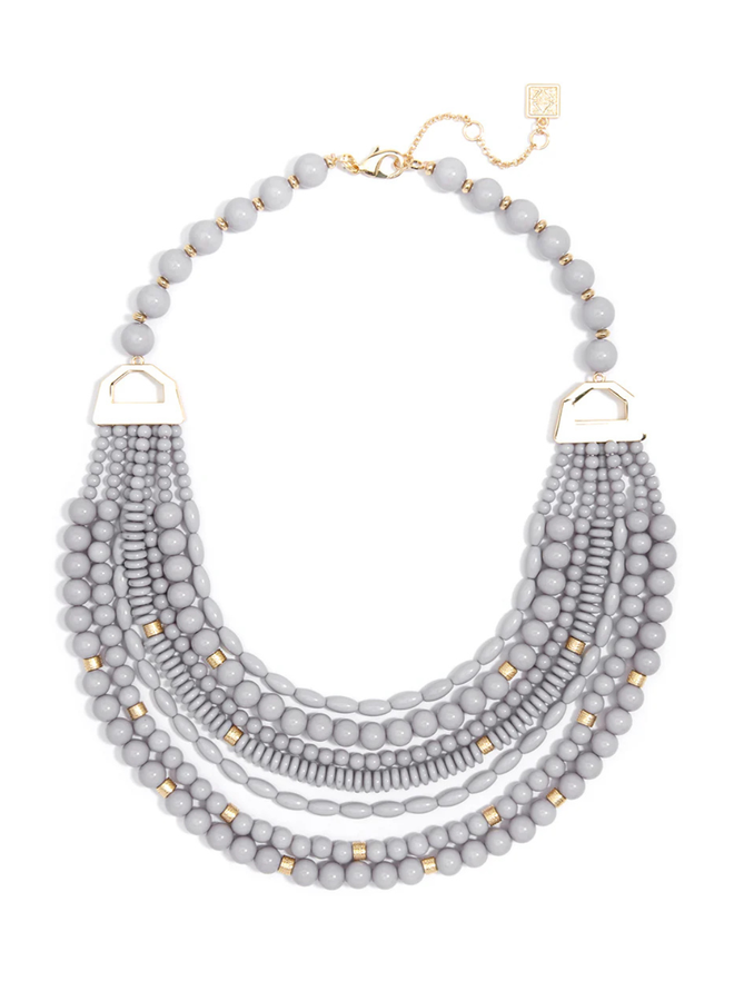 Mixed Beads Bib Necklace in Light Grey