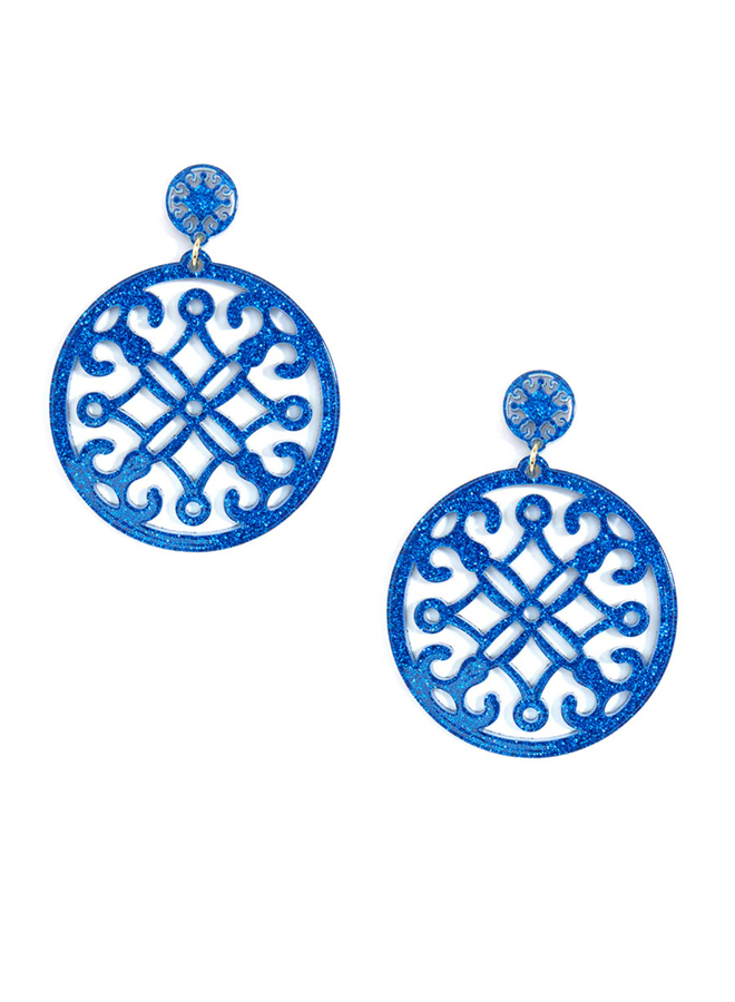 Circle Resin Statement Earrings in Cobalt Glitter