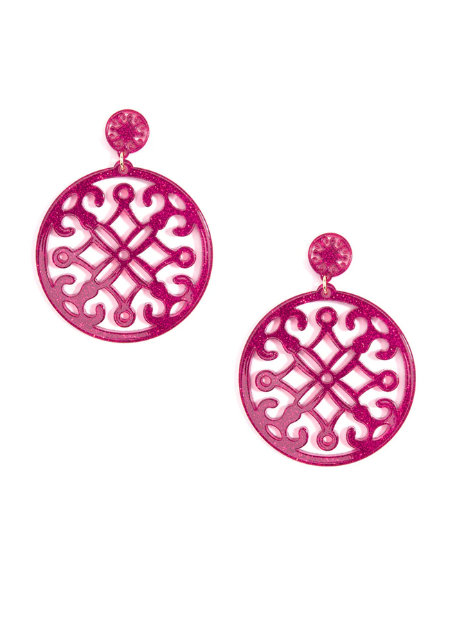 Circle Resin Statement Earrings in Hot Pink Glitter