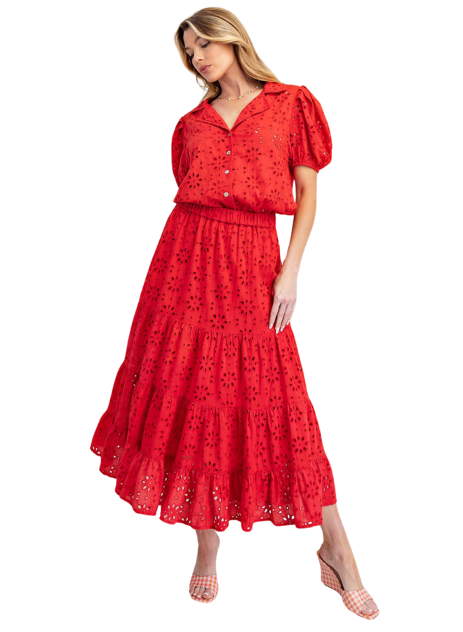 Red Eyelet Maxi Skirt