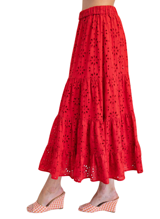 Red Eyelet Maxi Skirt