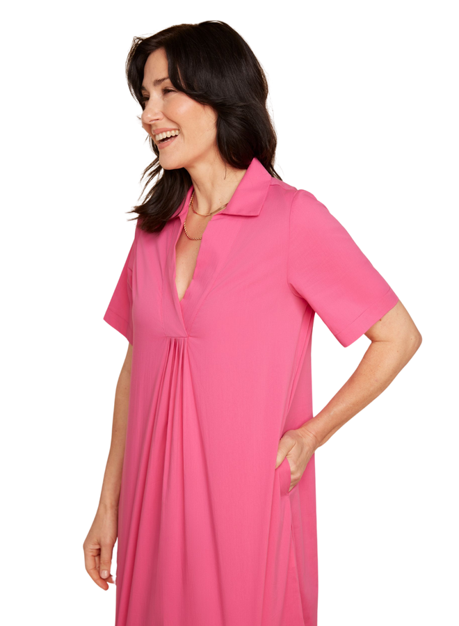 Renuar Pleated V-Neck Dress in Watermelon