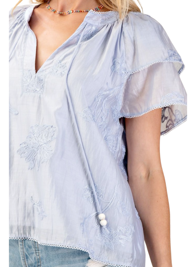 Embroidered Floral Silky Top in Blue