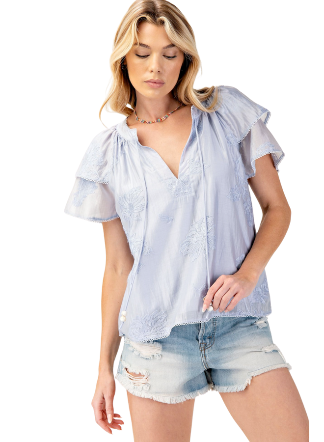 Embroidered Floral Silky Top in Blue