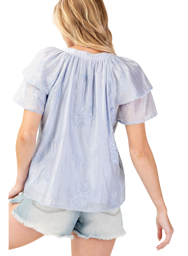 Embroidered Floral Silky Top in Blue