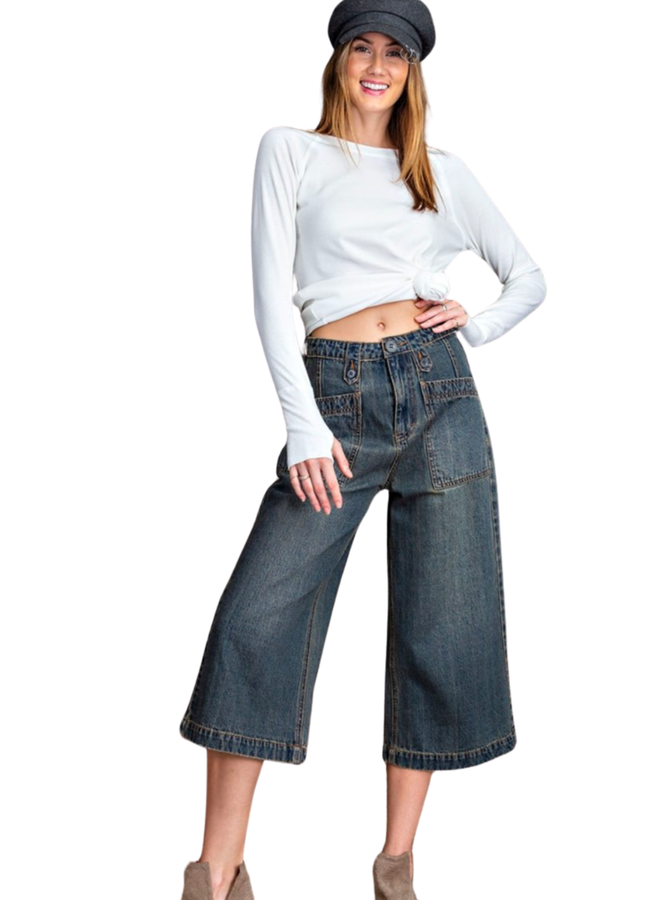 Washed Denim Cropped Wide Leg Pants