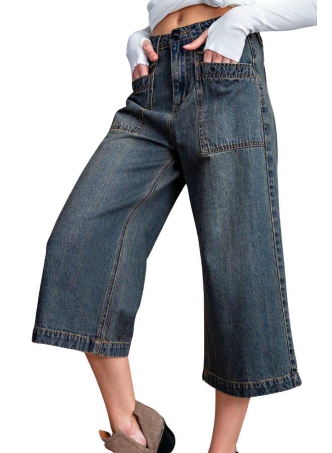 Washed Denim Cropped Wide Leg Pants