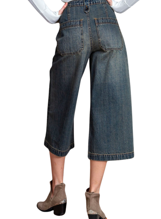 Washed Denim Cropped Wide Leg Pants