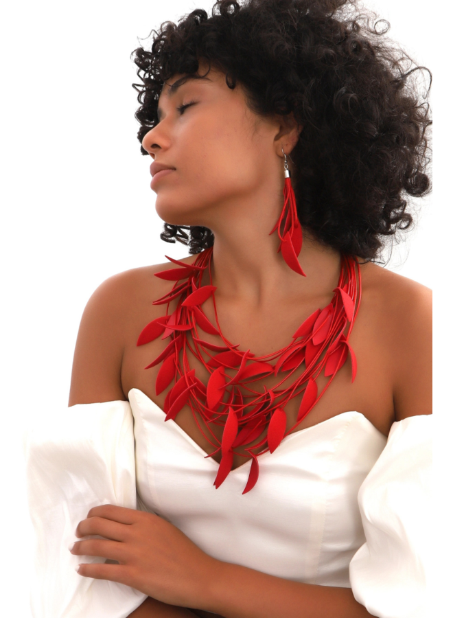 Leather Leaf Necklace In Red