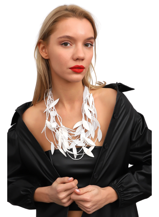 Leather Leaf Necklace In White